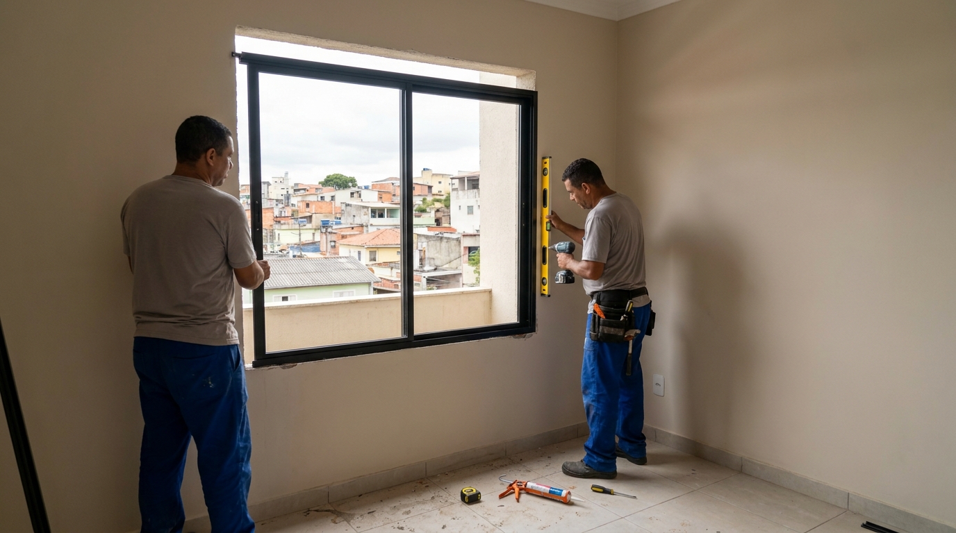 Esquadria de alumínio em quarto bege em Salvador-BA