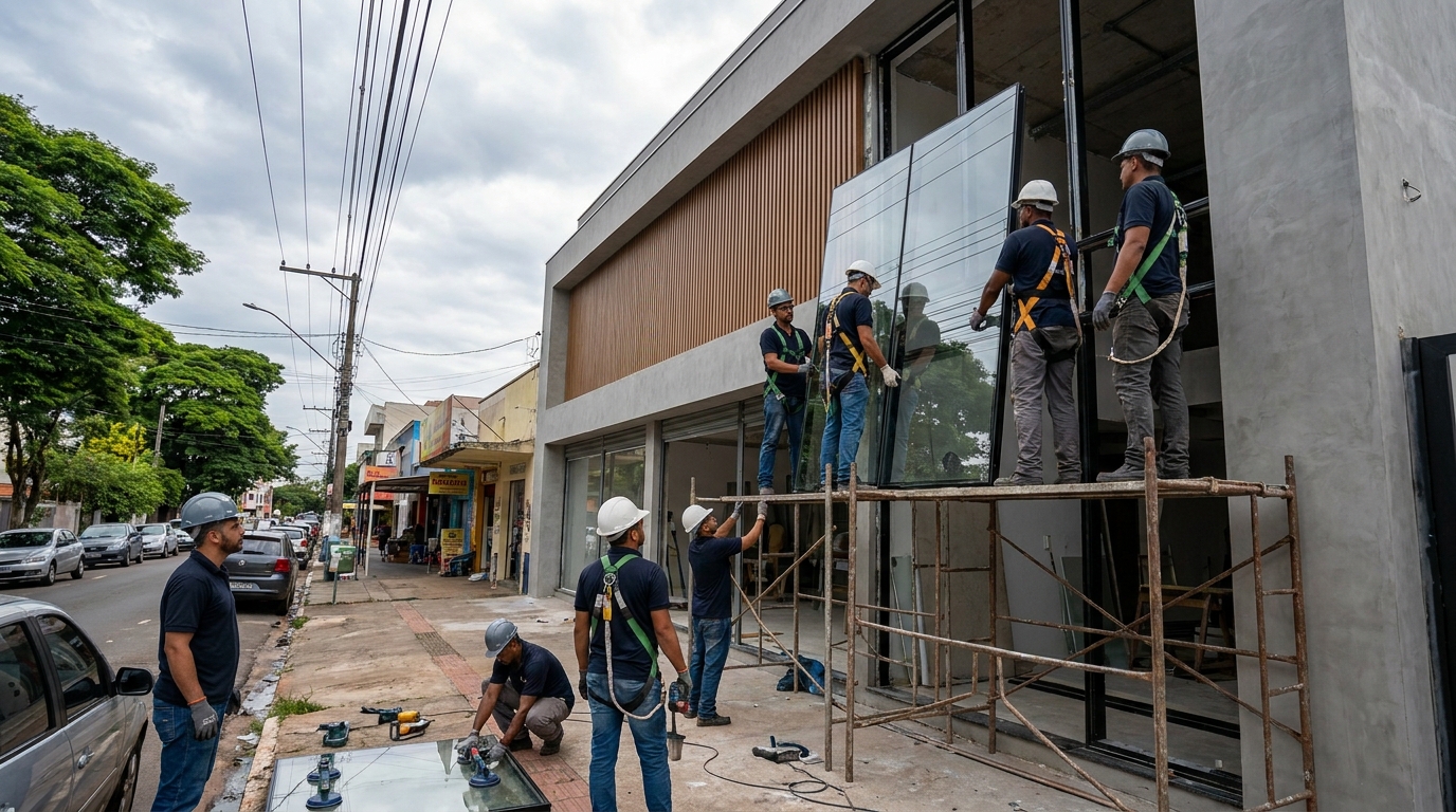 Fachada de vidro com andaime lateral em Salvador-BA